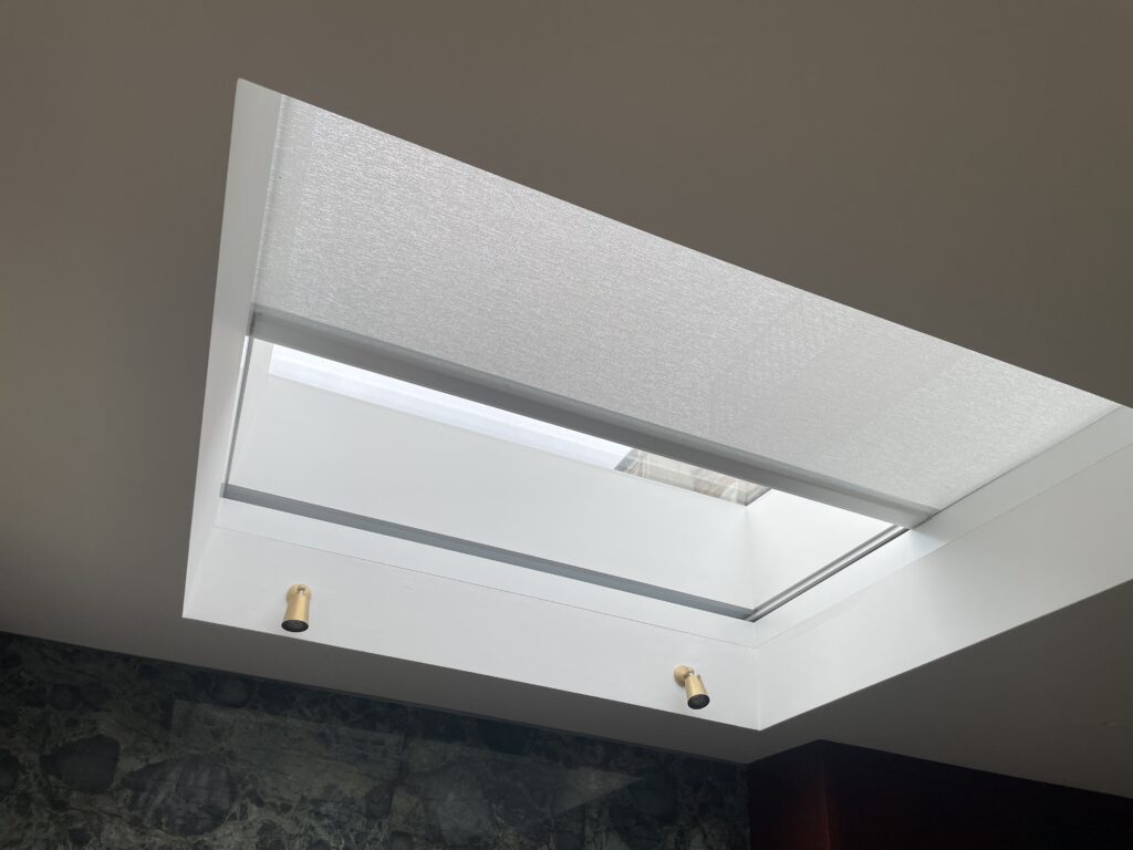 Roof blind concealed within Blindspace box, flat white fabric with no visible cords, disappearing when not in use.