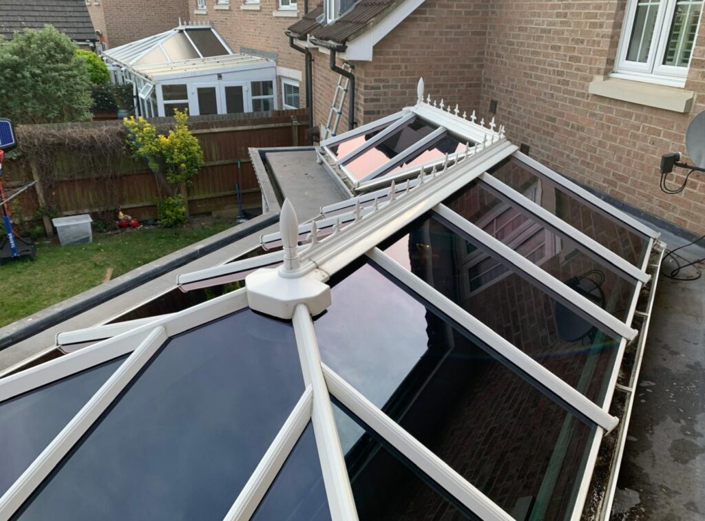 Large shaped orangery roof lantern fitted with 3M Prestige 20 Exterior film to reduce heat and glare.
