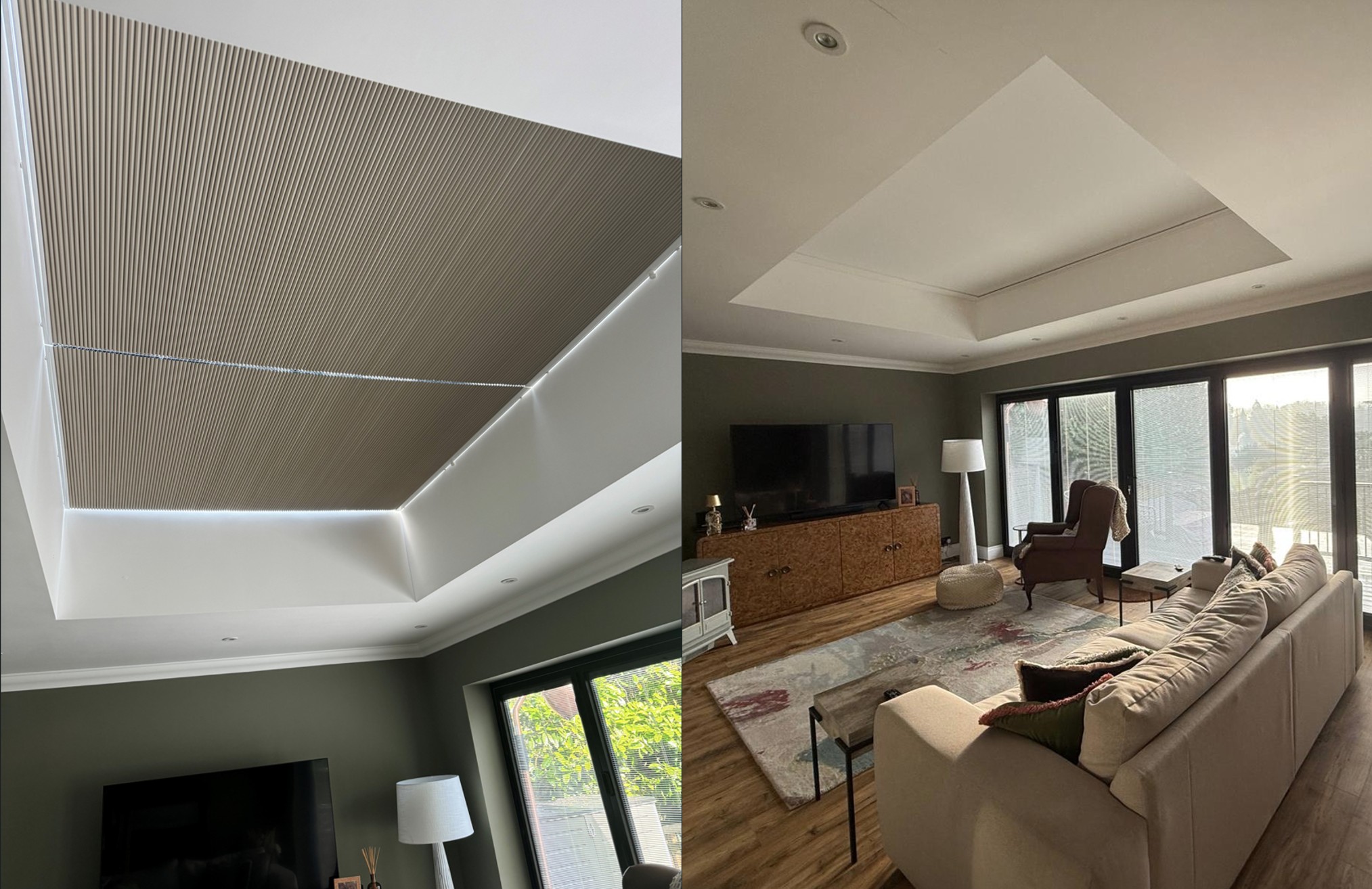 A living room with a large roof lantern and modern décor, showing the impact of an unsuitable blackout blind installed by a non‑specialist company.