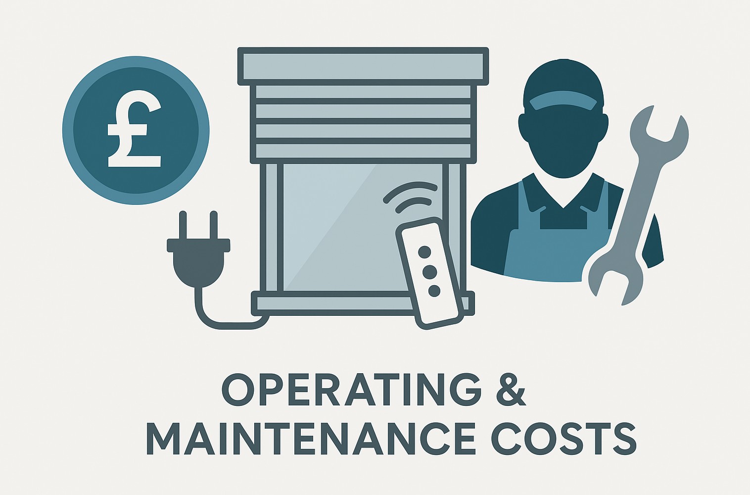 Infographic showing icons for electric blinds, power usage, financial cost, and maintenance, with the heading “Operating & Maintenance Costs.”