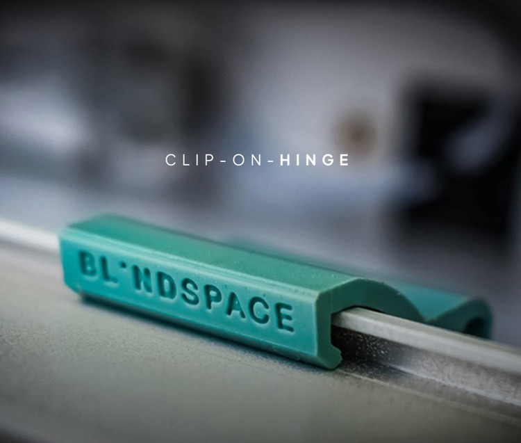 Concealed blind pocket with a patented Blindspace hinged cover, showing how the access flap opens for servicing while keeping the blind fully hidden when closed.