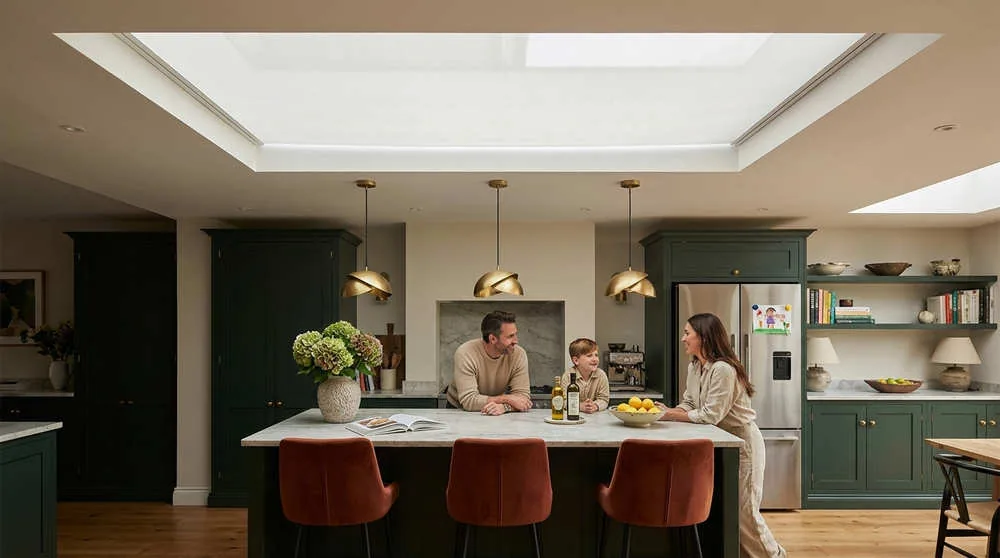 An effective shading system allows this family to comfortably use their stunning, light-filled extension all day, every day.