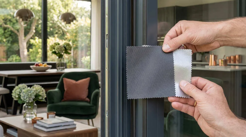 Comparing a standard fabric with a high-performance option. The reflective backing on the right-hand sample is the key to controlling heat