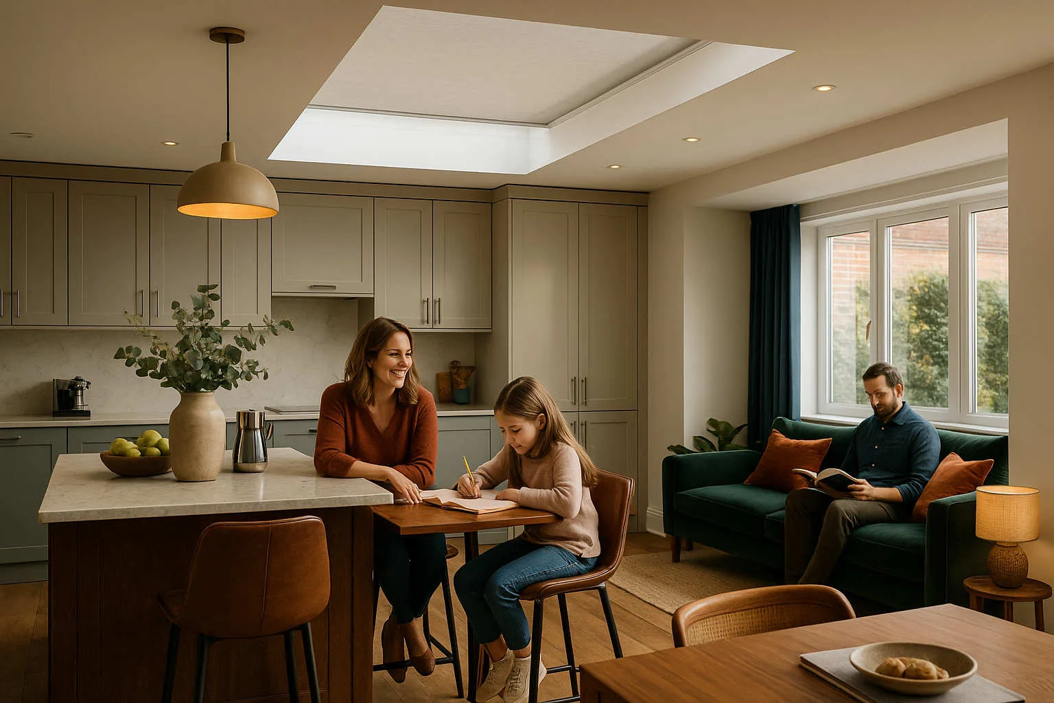 A family spending time together in a bright, modern living space with a large roof light that fills the room with natural light.