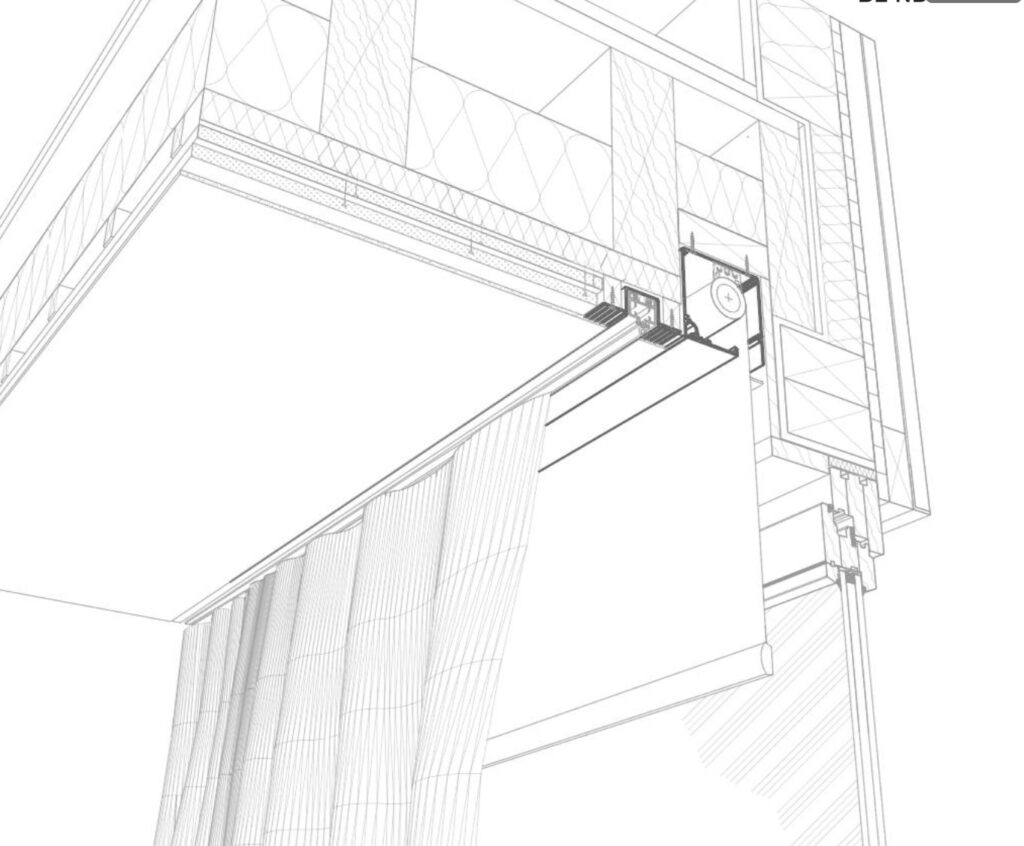 Architectural section showing Blindspace blind box and TrackTrim profiles recessed into the ceiling above large sliding doors. The system conceals both blinds and curtain tracks, allowing treatments to retract fully and preserve clean lines.