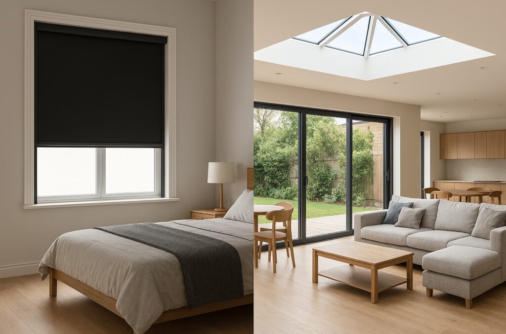 Split image showing a bedroom with blackout blinds in side channels and an open plan living area with roof lantern and bifold doors.