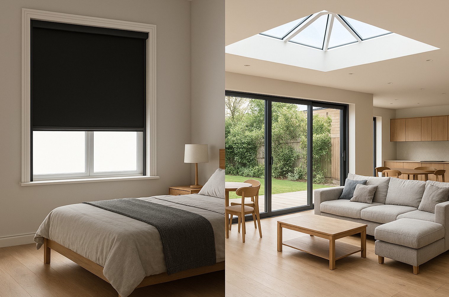 Split image showing a bedroom with blackout blinds in side channels and an open plan living area with roof lantern and bifold doors.