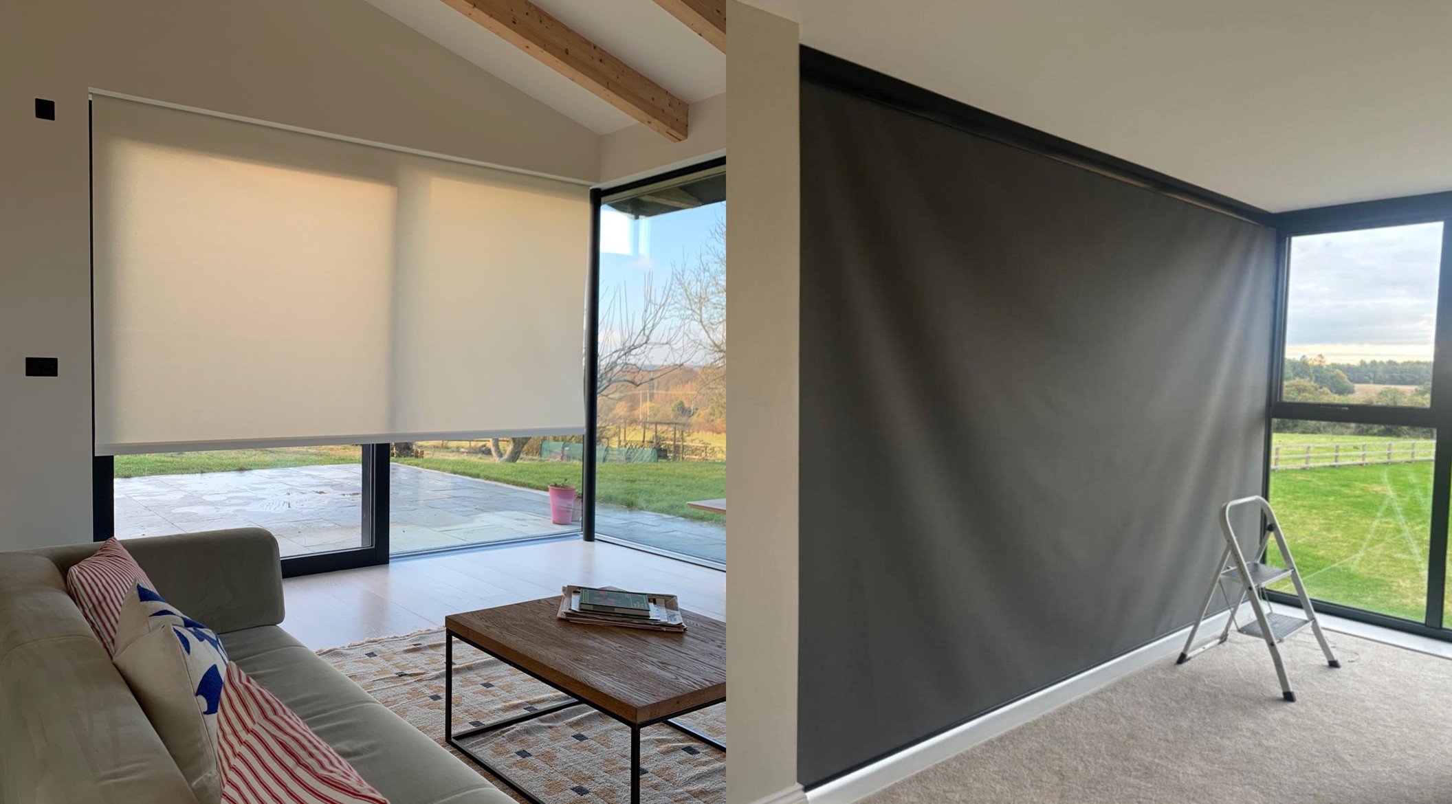 Two side‑by‑side window installations showing similar width blinds. The left blind sags displaying the V effect while the right blind is smooth and shows no signs of deflection, engineered with the correct tube size technology